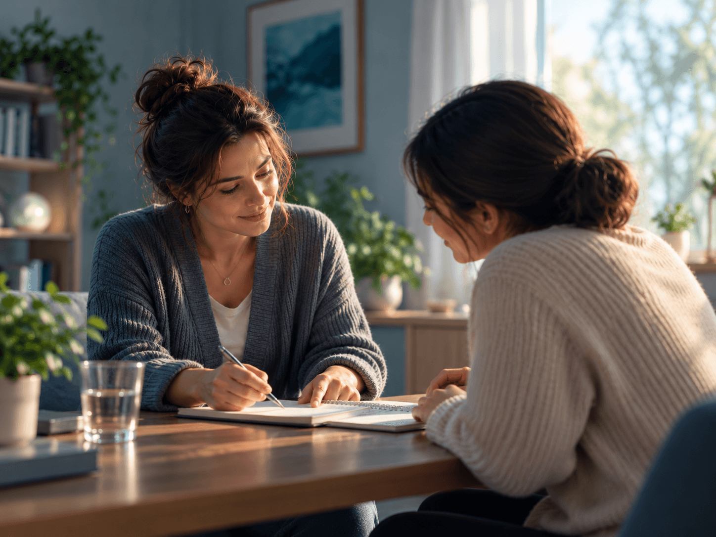 A therapist and a parent talking at a table in daylight, one of them taking notes